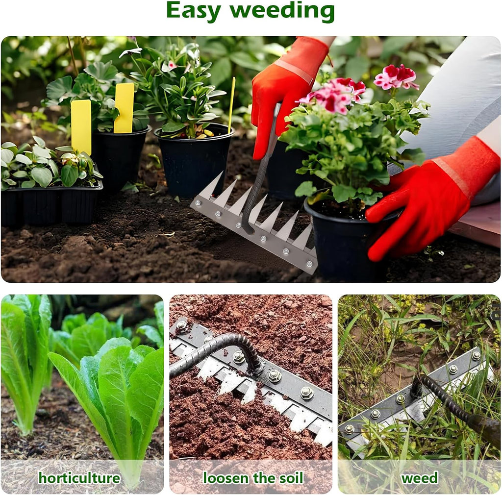 Iron Weeding Rake 2.0, New 5/6/7/8 Teeth Carbon Steel Garden Weeder Rakes, Weeder Puller Tool for Yard Lawn and Garden, Heavy Duty Metal Rake for Lawn, Flower Beds & Soil Aeration (7 Teeth)