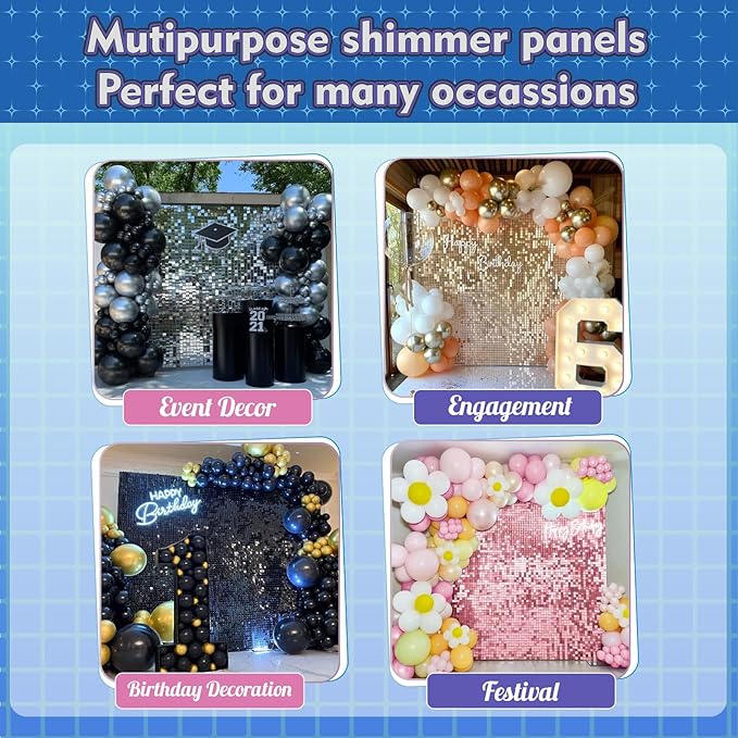 Qcity Silver Shimmer Wall Backdrop 48PCS, Black Back Not See-Through Design, Square Sequin Glitter Backdrop Panel, Perfect for Outdoor Events, Birthdays, Wedding and Party Decoration