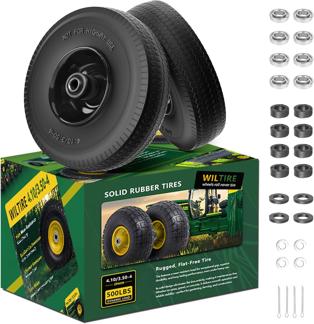 (2 Pack) 4.10/3.50-4 Flat Free Tire and Wheel 10-Inch Solid Wheel Replacement with 5/8 Extra 3/4 &1/2 Bearings,2.2" Offset Hub -Compatible with Hand Truck,Wheelbarrow(Wave,Black)