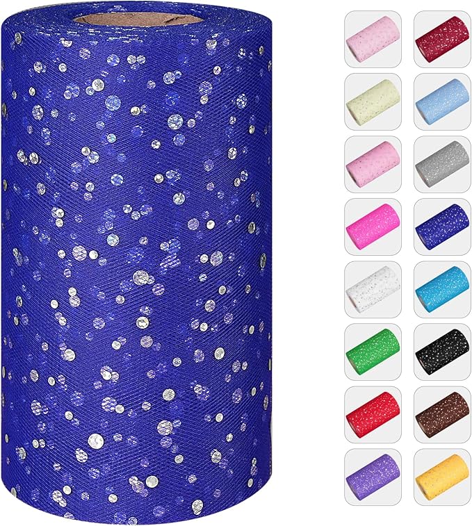 Glitter Tulle Rolls, 6” by 50 Yards (150FT) Sequin Tule Netting Fabric Tulle for Tutu Skirts Sewing Birthday Wedding Party Decoration (Royal Blue)
