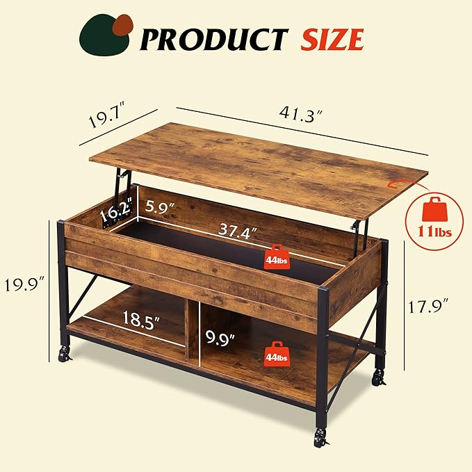 WLIVE Coffee Table, 41.3" Lift Top Coffee Table with 4 Wheels, Hidden Compartment, Storage Shelf and Lift Tabletop for Living Room, Reception Room, Rustic Brown