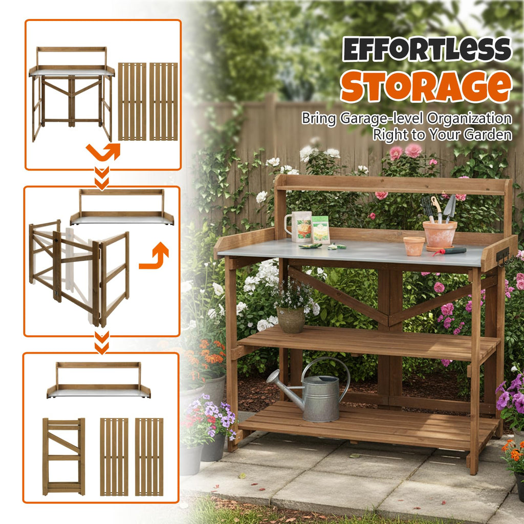 Outdoor Potting Bench Table, Indoor Wooden Work Station with Metal Table Top, Metal Hooks, Large Shelves, Heavy-Duty Gardening Workbench for Garden, Backyard, Patio, BBQ Prep Station, Easy Assembly