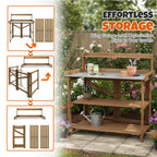 Outdoor Potting Bench Table, Indoor Wooden Work Station with Metal Table Top, Metal Hooks, Large Shelves, Heavy-Duty Gardening Workbench for Garden, Backyard, Patio, BBQ Prep Station, Easy Assembly