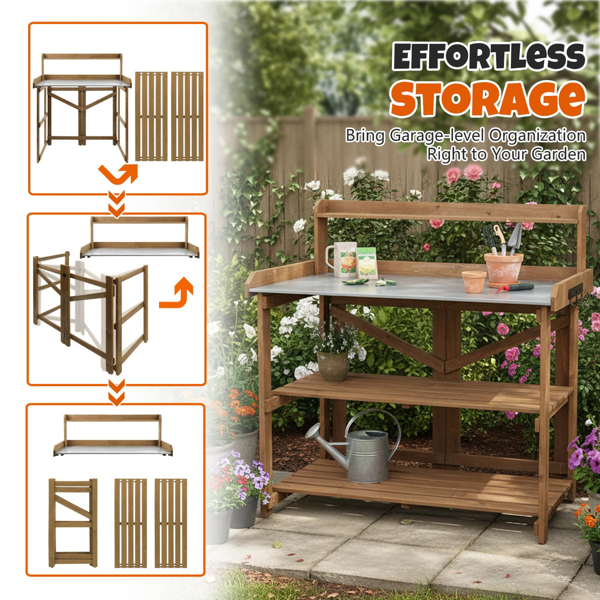 Outdoor Potting Bench Table, Indoor Wooden Work Station with Metal Table Top, Metal Hooks, Large Shelves, Heavy-Duty Gardening Workbench for Garden, Backyard, Patio, BBQ Prep Station, Easy Assembly