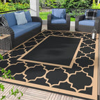 GENIMO Outdoor Rug 9' x 12' Patio Waterproof, Foldable Reversible Plastic Straw Area Rugs Mat for Camper Decor, Outside Carpet for Rv, Deck, Porch, Picnic, Beach, Balcony, Black & Brown