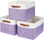 Storage Bins Large Fabric Storage Baskets for Shelves 3 Pack, Decorative Linen Closet Baskets with Handles for Organizing, Shelf, Clothes, Home, Office, 15x11x9.5Inches (Purple&White)