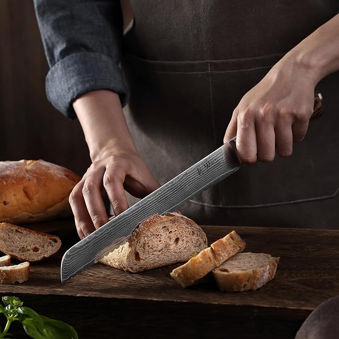 Wakoli Long Bread Knife, 9.1-inch Blade Damascus Chef Knife made from 67 Layers of Damascus Steel with VG10 Core, Sharp Kitchen Knives with Pakkawood Handle, Chefs Knifes for Breads in Gift Box (EDIB)