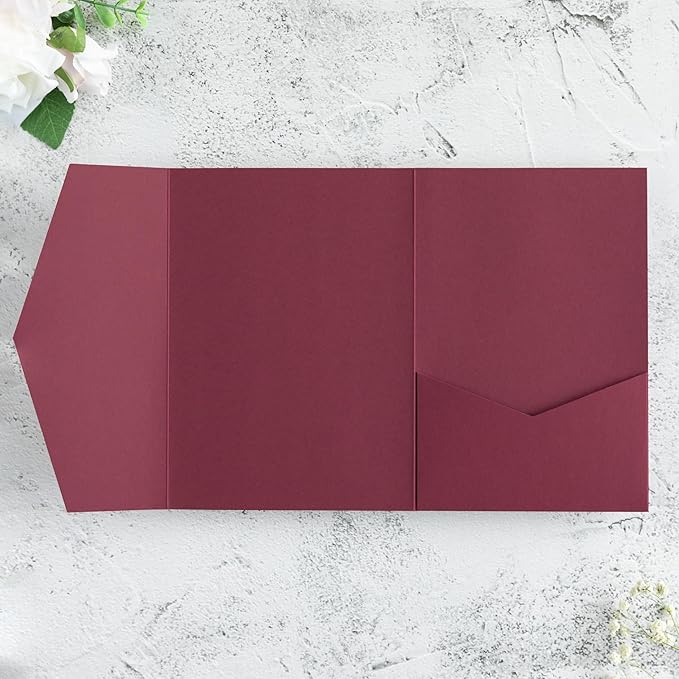20 PCS Burgundy Tri-fold Laser Cut Wedding Invitation Pockets for 5x7 Wedding Cards Bridal Shower Engagement Quinceanera Invitation