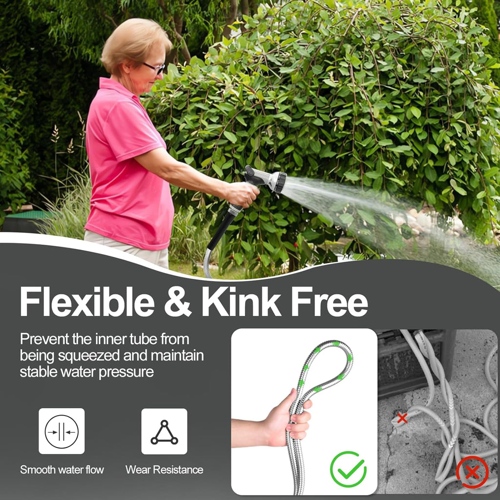 SPECILITE 175ft 304 Stainless Steel Garden Hose Metal, Heavy Duty Water Pipe with Nozzles for Yard, Outdoor - Flexible, Never Kink & Tangle, Puncture Resistant (Sliver)