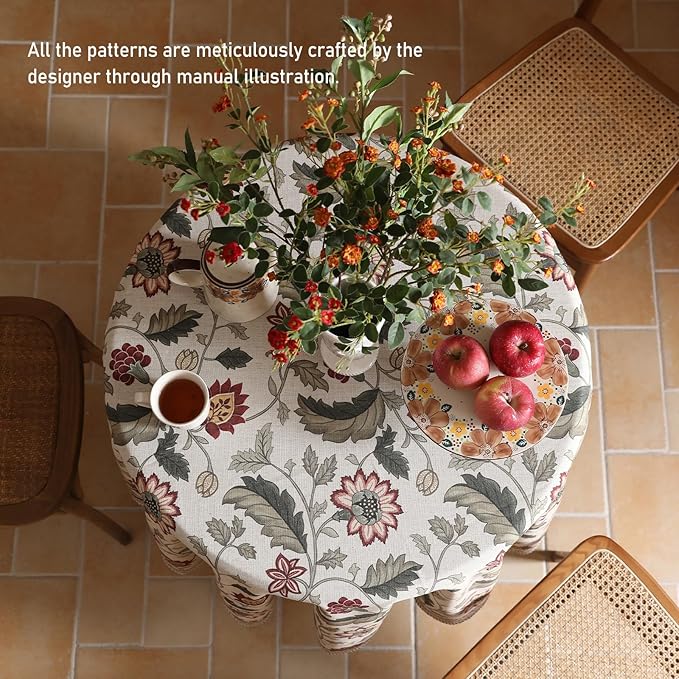 ISAENNE Designer Provence Floral Small Round Tablecloth,Linen Colorful Washable Indoor Table Cloth,Durable Home Decor Tablecloths for Dining Thanksgiving Kitchen Christmas,Diameter 55"-Ratina