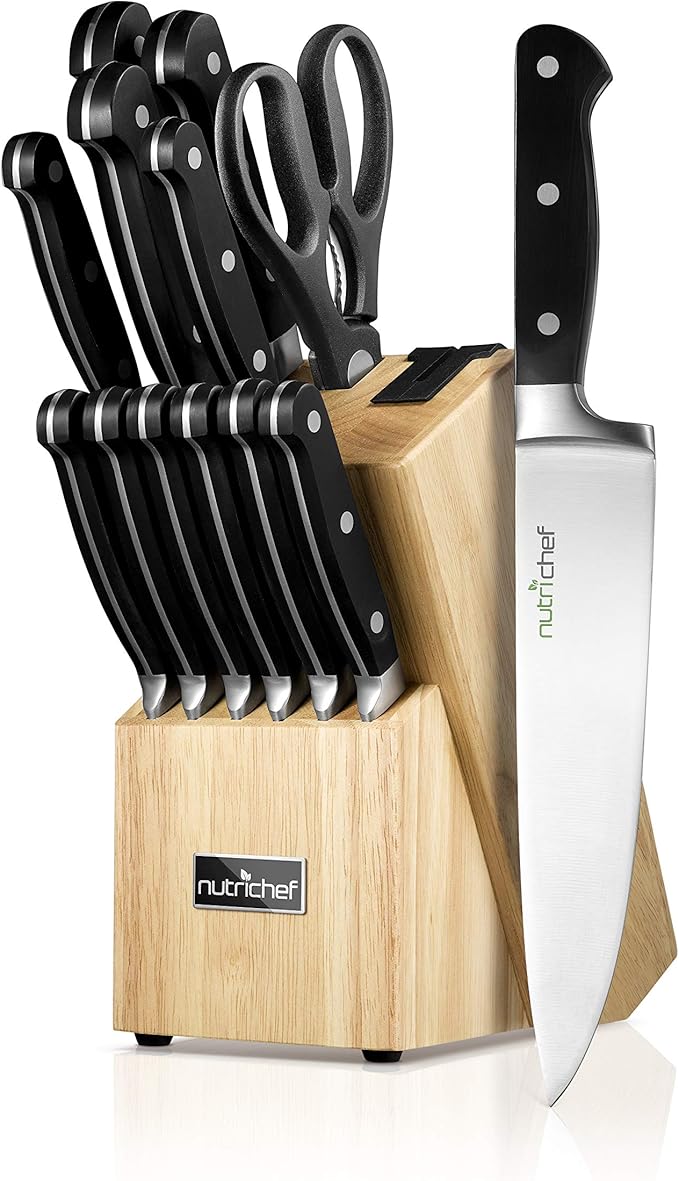 NutriChef 13-Piece Kitchen Knife Set with Wooden Block - Precision Crafted Stainless Steel Knives with Scissors & Built-In Sharpener - Lightweight, Durable, & Razor Sharp - Dishwasher Safe (NCKNS13)