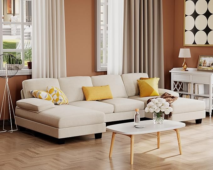 Furmax Sectional Couches for Living Room, U-Shaped Sofa Couch with Linen Fabric, 4 Seat Sofa Set with Double Chaise for Apartment (Fabric, White)
