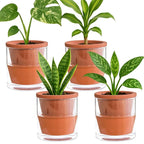 D'vine Dev 4 Inch Design Self Watering Pot for Indoor Plants, Terracotta Planter with Cylinder Glass Cup, Set of 4, 37-Z-A-1-F