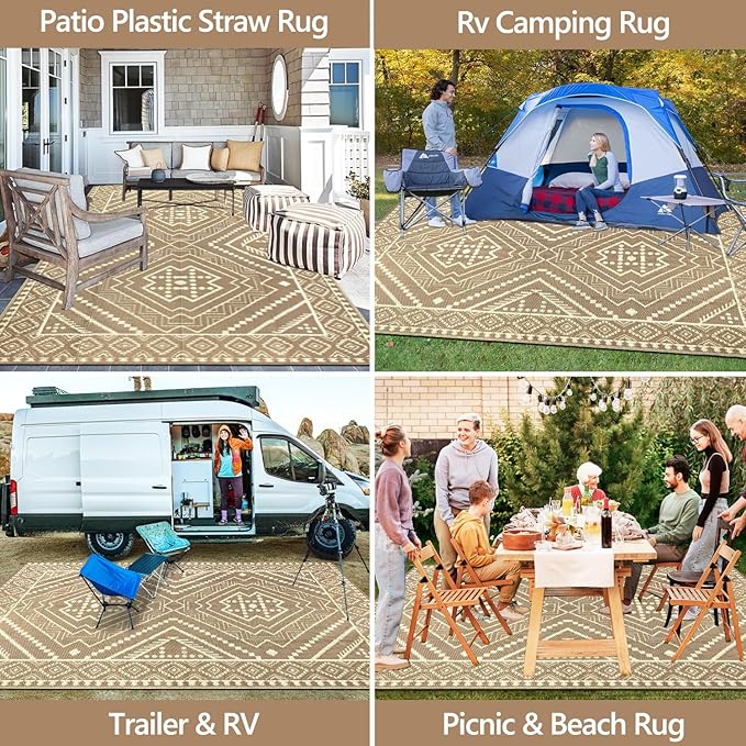 Waterproof Outdoor Rug 8x10 ft, Reversible Plastic Straw Mat, Large Floor Mat for Patio, Camping, Picnic, Backyard RV, Deck, Beige