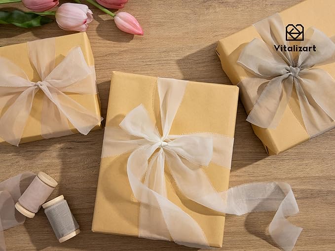 Vitalizart Organza Ribbon Frayed Sheer Organza White Pink Grey Set 1.5" Silk Like Ribbons for Valentines Day Gift Wrapping Craft Flower Bouquet Wedding Invitations Mesh Fabric 15 Yards
