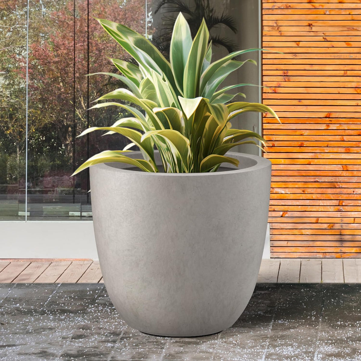 Kante 18 Inch Diameter Round Concrete Planter, Indoor Outdoor Large Plant Pot with Drainage Hole and Rubber Plug for Home Patio Garden, Buff Concrete