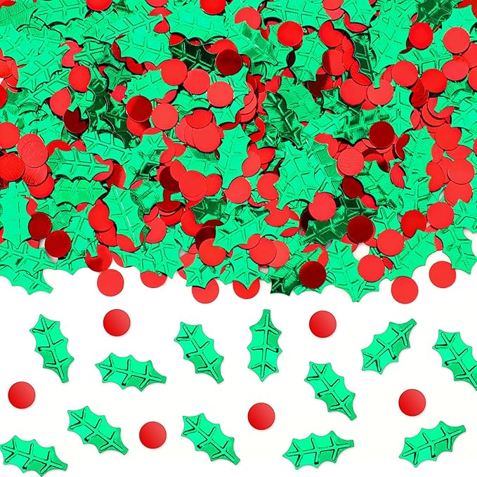 MARFOREVER Christmas Glitter Confetti, Red Green Xmas Holly Berries Confetti Christmas Metallic Foil Botanical Sequins Holly Leaves Scatter Sprinkles Table Decorations for Xmas Party Supplies