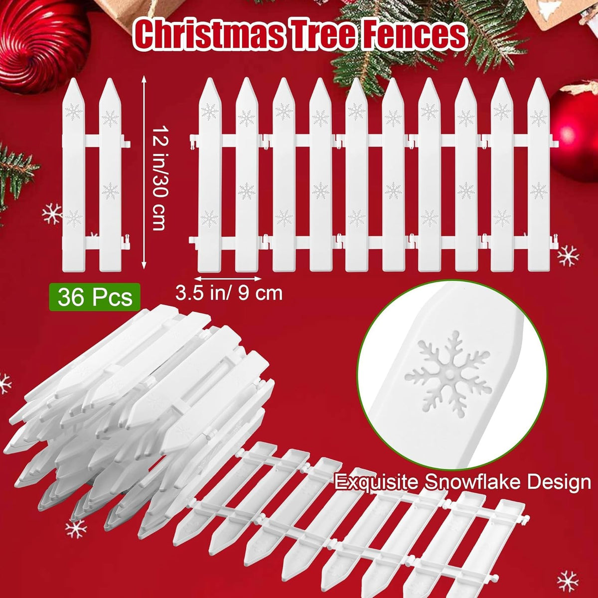 Aodaer 36-Piece Plastic Picket Fence - 12 Inch White Christmas Fence Border Tree Barrier for Party, Wedding, Garden, Home Decoration