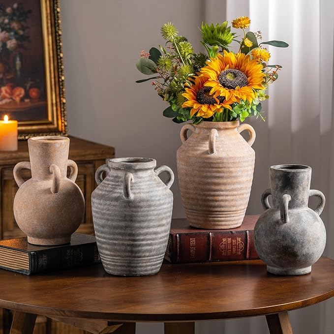 Beige Vintage Terracotta Ceramic Vase with Handles, Rustic Pottery Tulip Vase for Cottage Core Home Mantle Decor, Large Bulk Flower Vases Farmhouse Table Centerpieces, Jarrones Decorativos para Sala