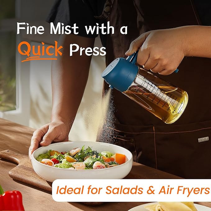 TrendPlain 16oz/470ml Glass Olive Oil Sprayer for Cooking - 2 in 1 Olive Oil Dispenser for Kitchen Gadgets, Air Fryer, Salad, and BBQ - Navy