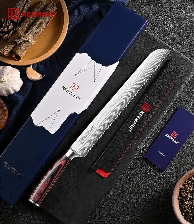 Serrated Bread Knife, KEEMAKE10 inch Ultra Sharp Serrated Bread Slicer for Homemade Bread Cake Bagels Cutting Less Crumbs - High Carbon Stainless Steel Cake Slicer with Ergonomic Wood Handle, Gift Box
