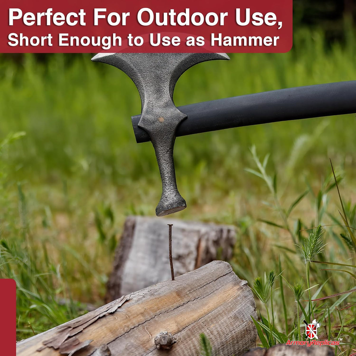 Armory Replicas™ Rustic Barbarian Hammerhead Battle Axe – 22.5" Steel Blade with Stone Finish & Wooden Handle – Versatile Tool for Camping, Outdoor Tasks