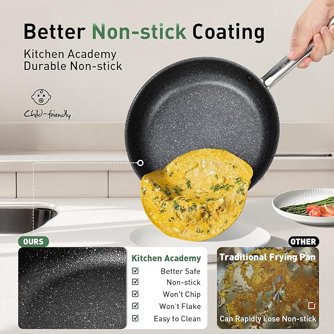 Kitchen Academy Induction Plasma Titanium Nonstick Wok Set 3 Piece, 10" Frying Pan and 11.8"/6QT Deep Frying Pan/Saute/Skillet With Lid, PFOA & PFAS-Free, Oven Safe
