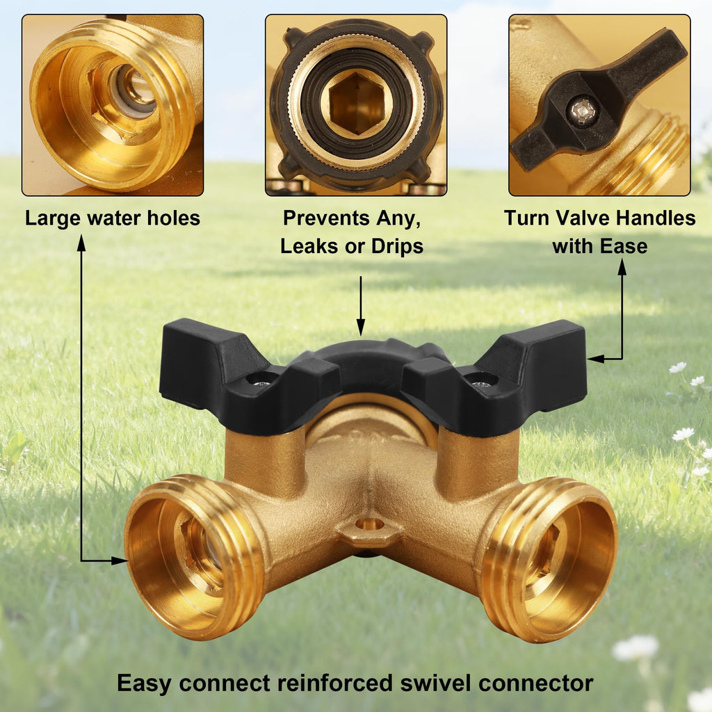 Biswing Garden Hose Splitter 2 Way, Heavy Duty Brass Connector Tap Splitter, Y Splitter 2 Valves with 2 Extra Rubber Washers