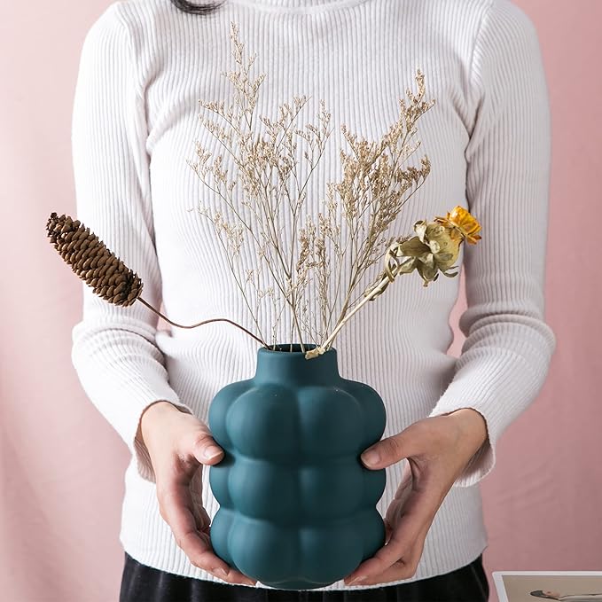 Ceramic Vase, Modern Dried Flower Vase, Blue Teal Vase with Raised Dots, Boho Home Decor for Centerpiece Wedding Dinner Table Party Living Room Office Bedroom, Housewarming Gift