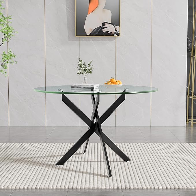 47.24" Round Glass Dining Table Modern Kitchen Glass Top Table for 6 with Black Metal Legs, Clear Dining Table Kitchen Table for Home Office Dining Room