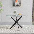 47.24" Round Glass Dining Table Modern Kitchen Glass Top Table for 6 with Black Metal Legs, Clear Dining Table Kitchen Table for Home Office Dining Room
