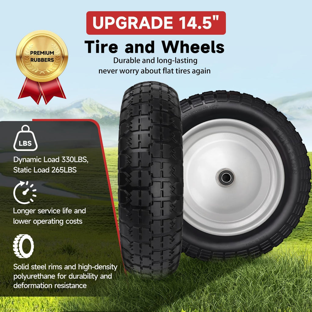 4.80/4.00-8 Tire, 14.5" Flat Free Wheelbarrow Tire and Wheel, 5/8" 3/4" Bearings Solid Replacement Tires, 3" -7" Centered Hub, Universal Fit 4.80/4.00-8, 3.50/3.00-8, 4.00-6, 2 Pack