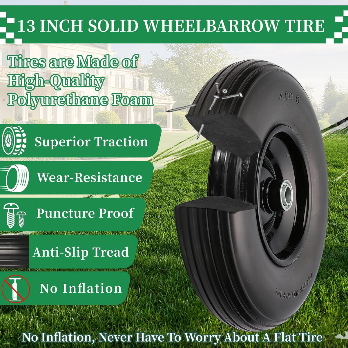 RRQ 4.00-6 Flat Free Tire and Wheel, 13" Solid Wheelbarrow Tire with 1.75" Centered Hub and 3/4" Bearings(Come with 5/8" ID Iron Tube Adapter), for Garden Cart, Trolley, Wheelbarrow Wheel Replacement