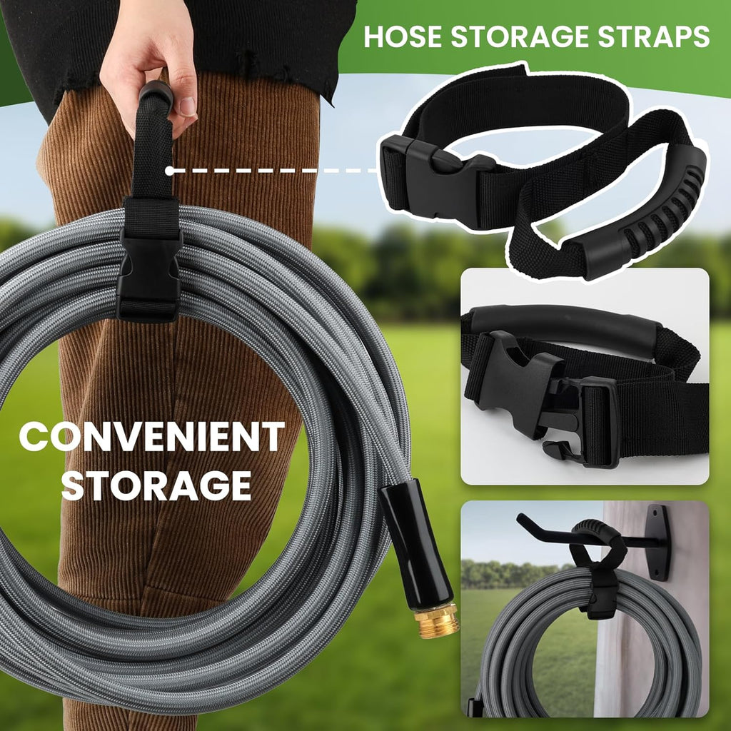 KLABB 36FT Garden Hose 5/8" with Solid Brass Connectors & 10-Function Nozzle, Lightweight Flexible PET Steel Hose with Adjustable Straps, No-Kink, Rustproof & Leak-Free for Garden & Outdoor Cleaning