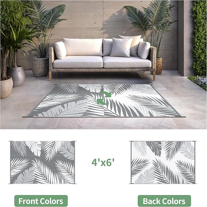 Outdoor Rug 4’x6’ Waterproof for Patio Clearance, Reversible Indoor Outdoor Plastic Straw Camping Rug Carpet, RV Mat, Large Area Rug for Deck, Backyard, Balcony, Porch, Beach, Grey & White