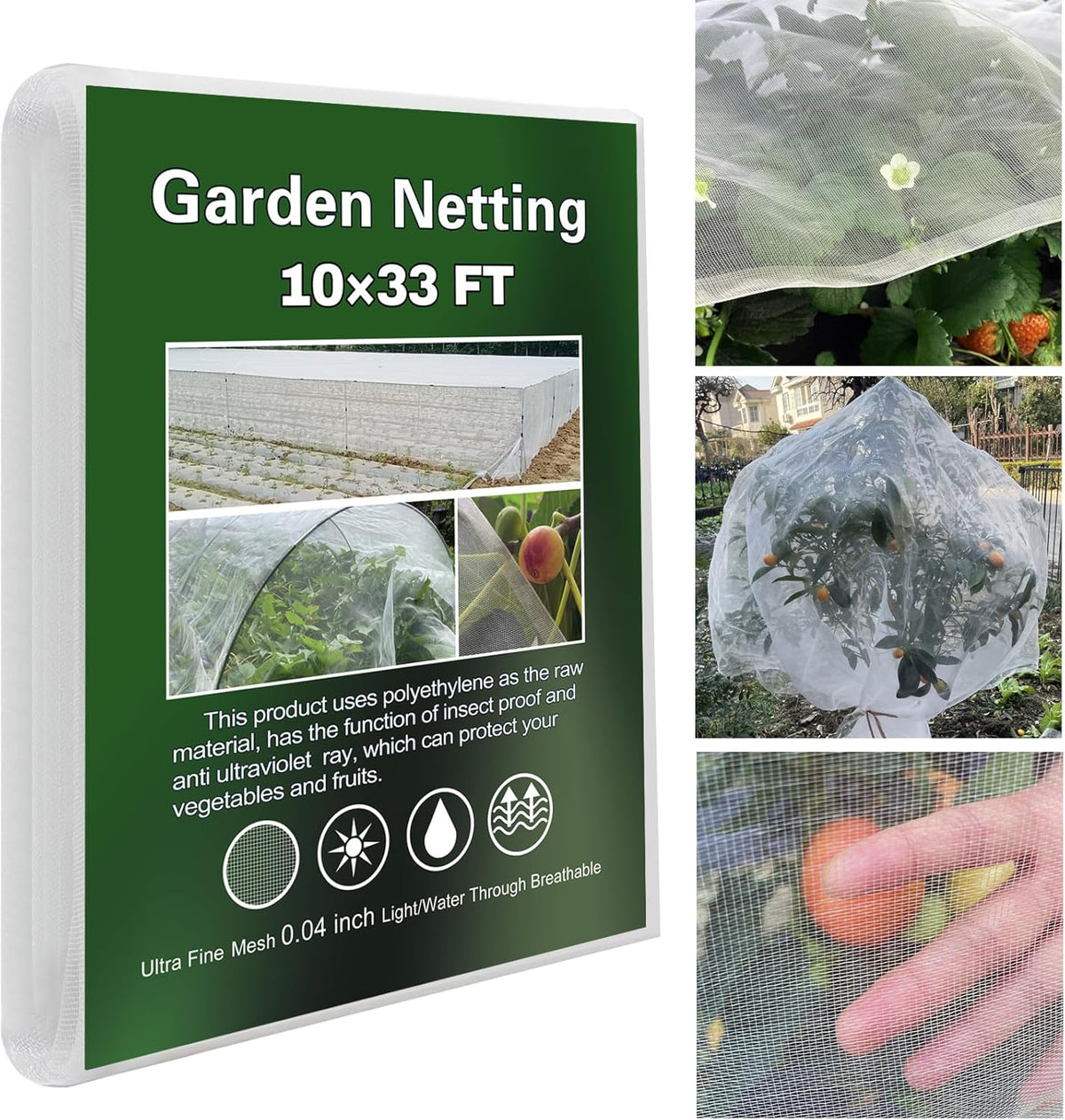 Garden Netting 10x33Ft, Ultra Fine Plant Cover, Insect Netting Barrier Mesh for Plants Vegetables Fruits Flower, Row Covers Raised Bed Protection Net, Birds Animals Screen