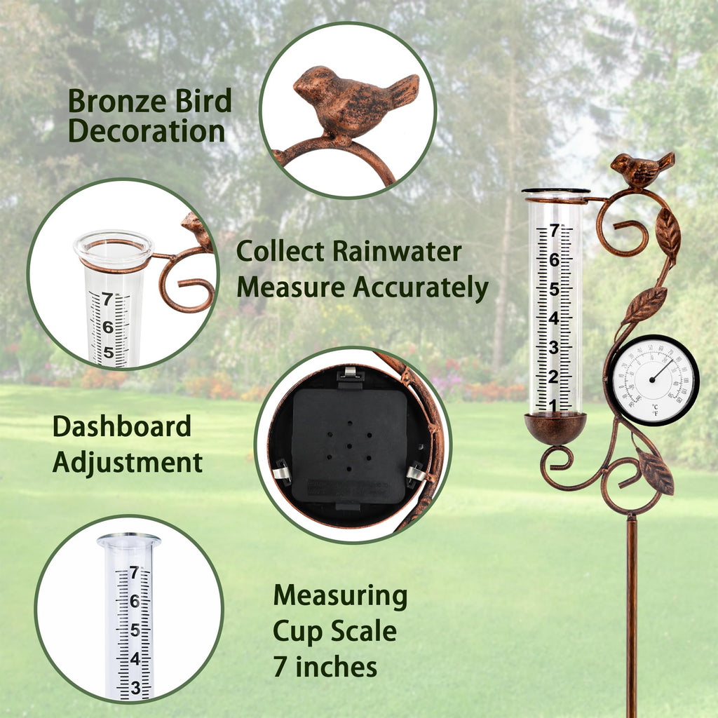 32" Garden Rain Gauge with Thermometer - 7" Glass Tube for Outdoor Indoor Use, Patio Yard Decor Statue