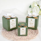 FEIYI 20 PCS Gift Boxes, 3 In 1 Olive Green Favor Boxes with Floral Decor, White Thank You Tags Cupcake Containers Gift wrapping for Wedding, Baby Shower, Birthday, Decorations Party - 3.55x3.55x3.55
