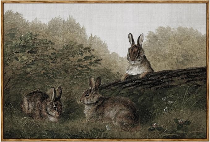 InSimSea Framed Wall Art for Living Room Canvas Print Animal Decor Three Rabbits Vintage Aesthetic Room Decor Landscape Oil Painting Farmhouse Wall Picture for Bedroom Bathroom Office 16x24in