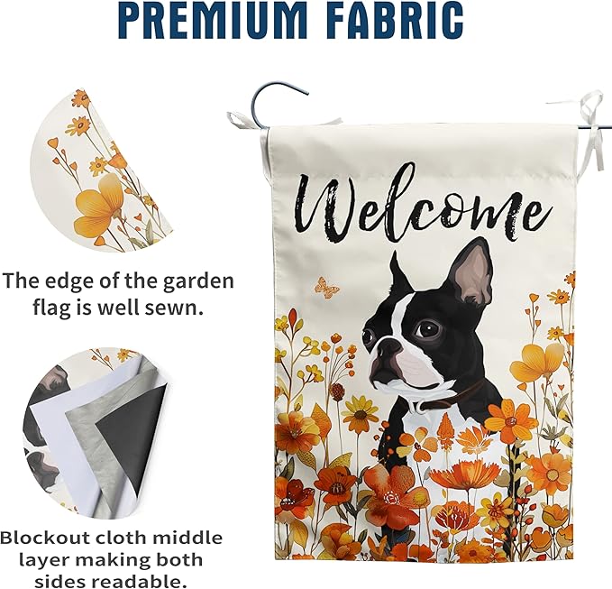 Floral Boston Terrier Garden Flag Fall Yard Flag Wildflower Dog Garden Flags Orange Autumn Lawn Flags Welcome Thanksgiving Outdoor Flags for Outside 12x18 Double Sided Small