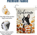Floral Boston Terrier Garden Flag Fall Yard Flag Wildflower Dog Garden Flags Orange Autumn Lawn Flags Welcome Thanksgiving Outdoor Flags for Outside 12x18 Double Sided Small