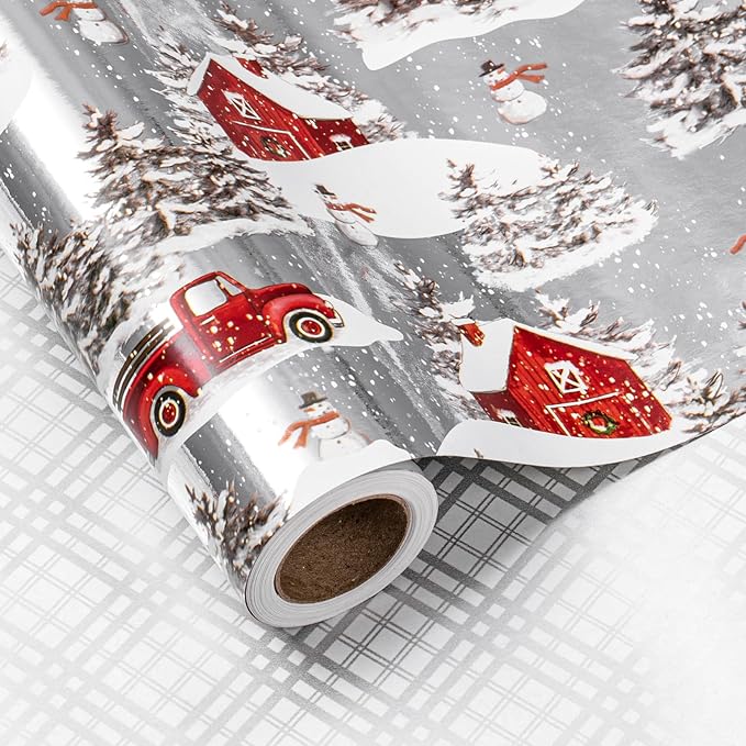 LeZakaa Christmas Silver Wrapping Paper Mini Roll for Boy Kid, Red Truck, Snowy Pine Forest & Grid Plaid, Silver Foil Reversible Design for Winter Holiday Family Gathering, 17 inches x 32.8 Feet