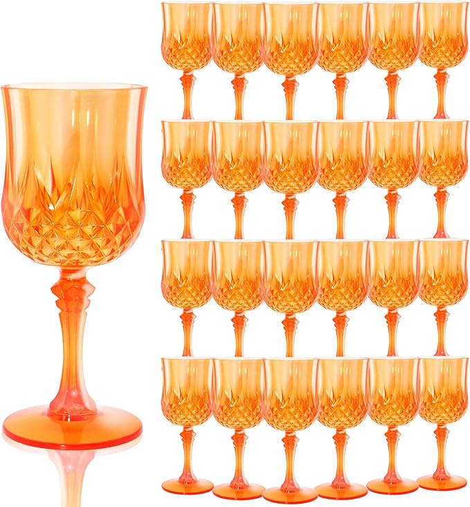 Plastic Wine Glasses，Plastic Goblets Vintage Style Cordial Drinking Glasses for Wedding Reception, Grand Event Party Supplies (24, Pumpkin orange)