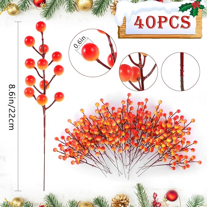 40 Pcs Artificial Berry Stems Branches, Fall Halloween Faux Holly Berries Picks and Sprays Ornaments for Thanksgiving Wreath DIY Craft Decorations Holiday Home Decor (40, Orange)
