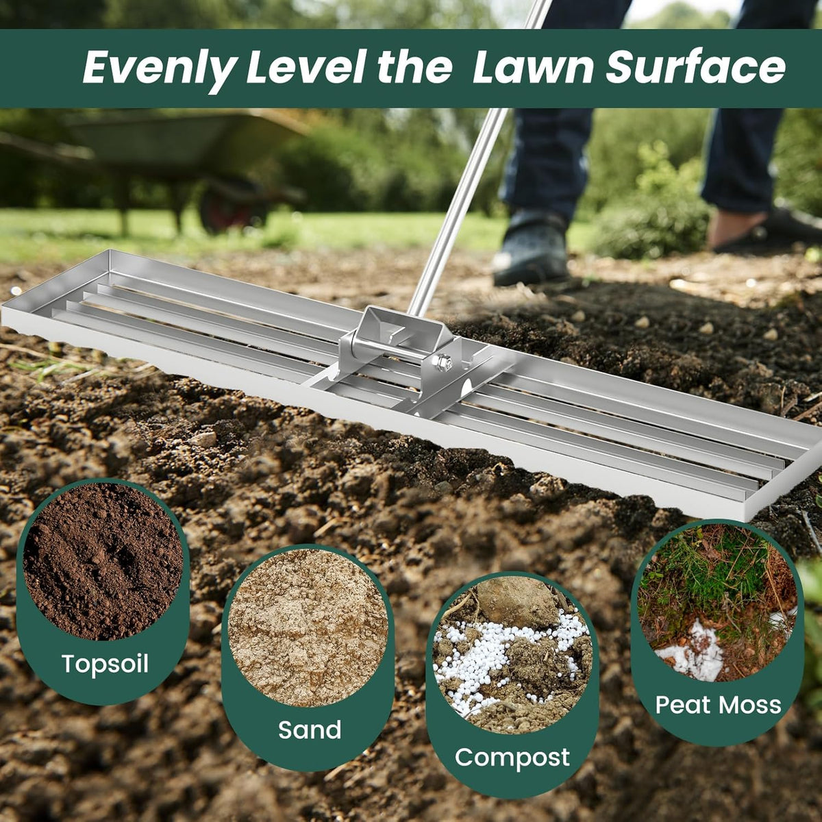 Goplus Lawn Leveling Rake, 46" x 10" Heavy Duty Level Lawn Tool w/ Ergonomic Handle for Soil, Effort-Saving Landscape Rake for Garden, Backyard, Golf Course, Farm, Pasture, Silver