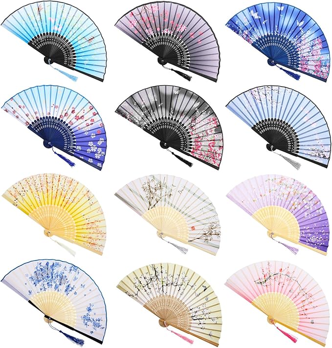 12 Pcs Fans for Line Dancing Vintage Silk Floral Folding Fan Chinese Hand Fans for Women Bulk Bamboo Handheld Fan with Tassel for Wedding Party Cosplay Supplies
