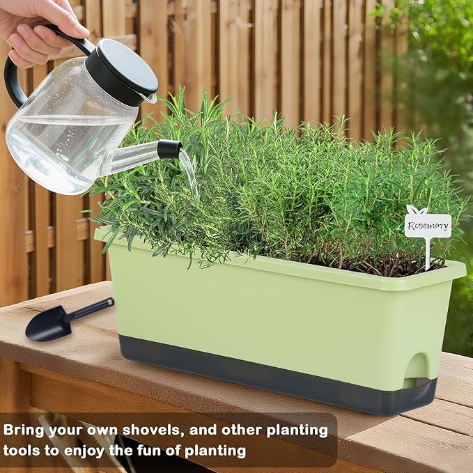 Window Box Planter 4 Packs, 17 Inches Rectangle Flower Pots with Drainage Holes & Trays, Pots for Vegetables, Herbs, Flowers, Garden Windowsill Balcony (Light Green, 17 * 5.1 * 6 inch)