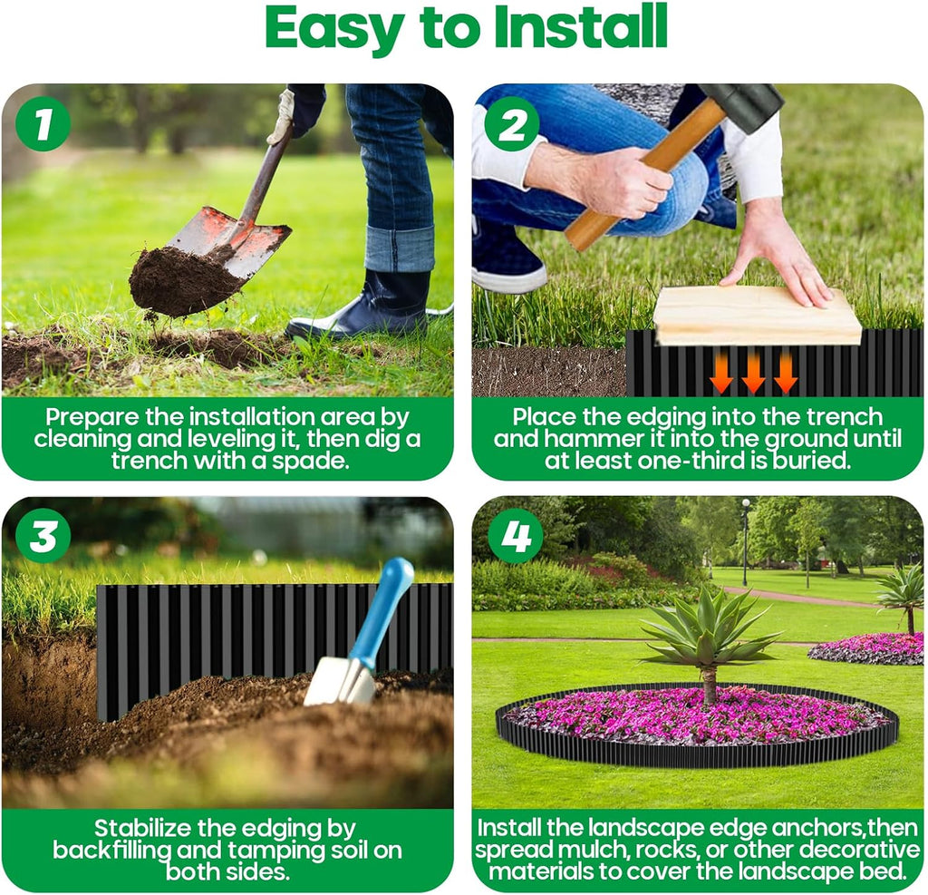 Corrugated Metal Garden Edging,Sturdy Tall Landscape Edging Borders with 6pcs Anchor Stakes, Perfect DIY for Flower Beds, Lawn and Pathway,Tree Surrounds,Paver Edges (Black 10"×20FT)