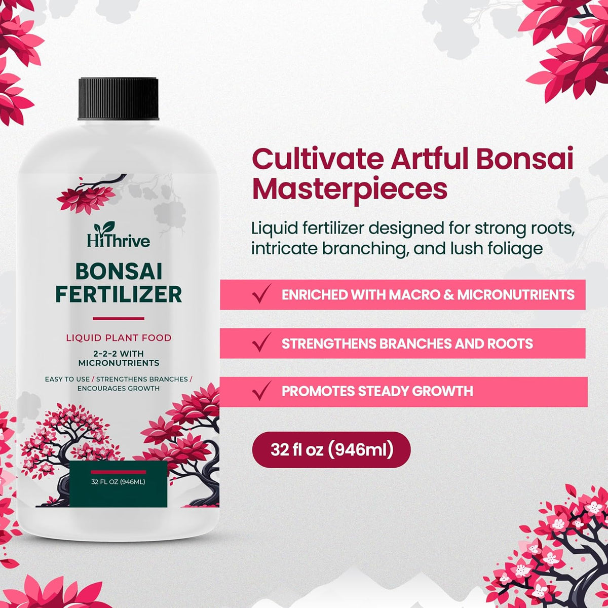 32oz Bonsai Tree Live Liquid Plant Food - Makes 64 Gallons of Bonsai Fertilizer Liquid, Premium Macronutrient Formula Enriched with Micronutrients for Healthy Roots, Branching & Foliage