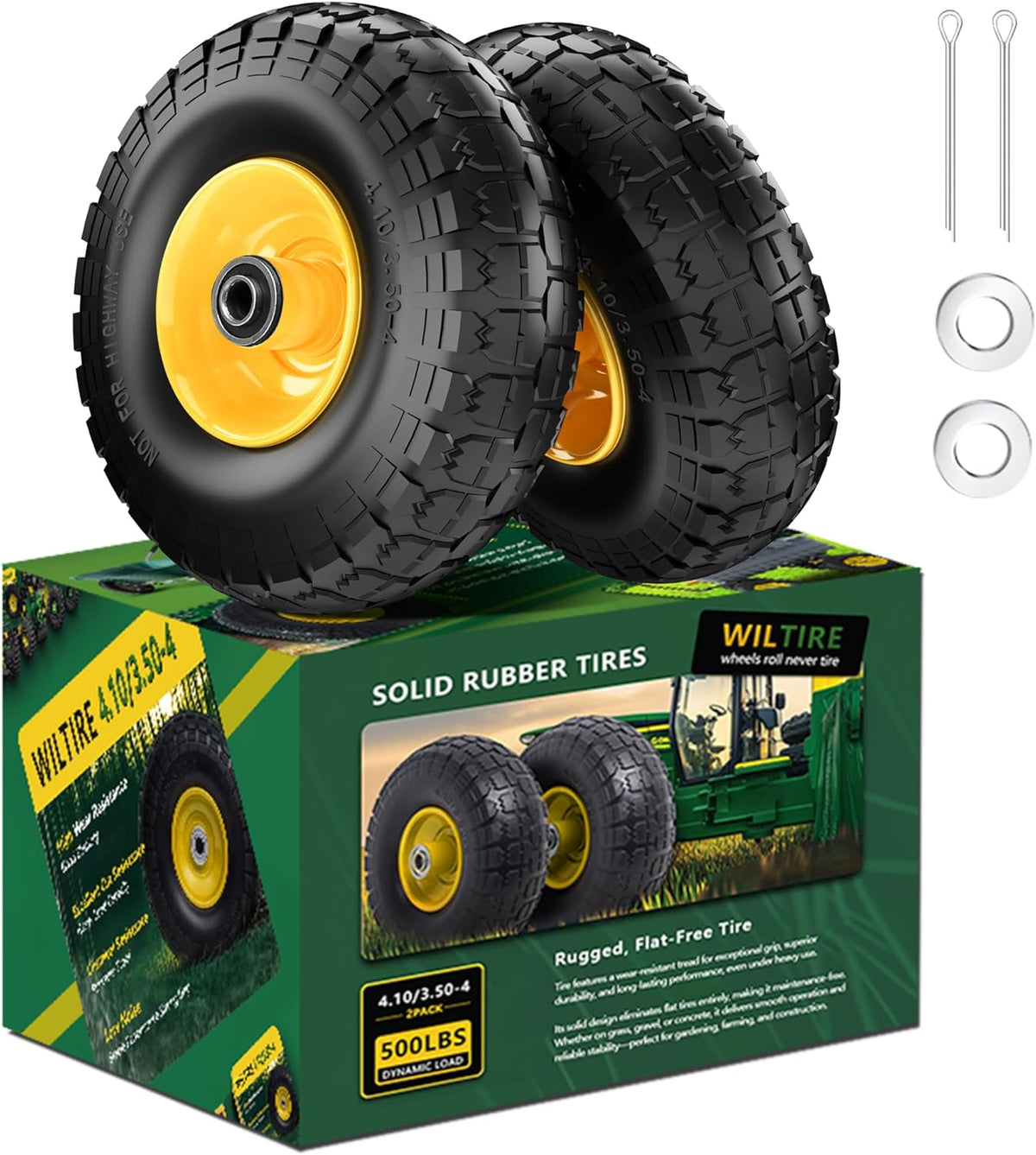(2 Pack) 4.10/3.50-4 Flat Free Tire and Wheel 10-Inch Solid Wheel Replacement with 5/8 Bearings,2.2" Offset Hub -Compatible with Hand Truck,Wheelbarrow(Yellow)